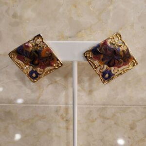 Pierced Earrings Enamel Surface Push Pin 1" square Vintage Style Stamped USA